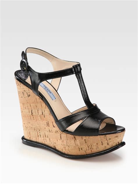 prada black patent wedge|Prada leather platform wedge.